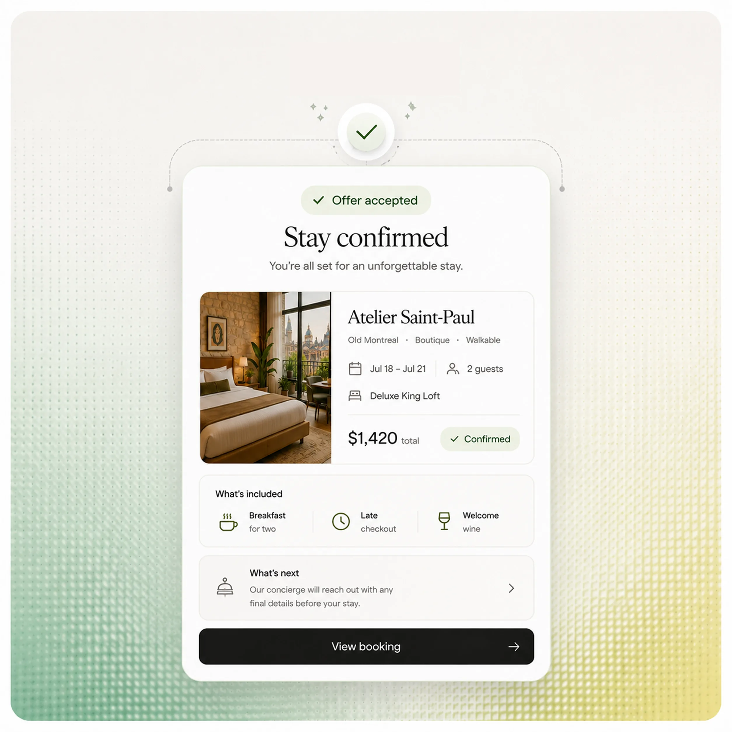 Stay confirmed screen showing accepted offer details and included amenities